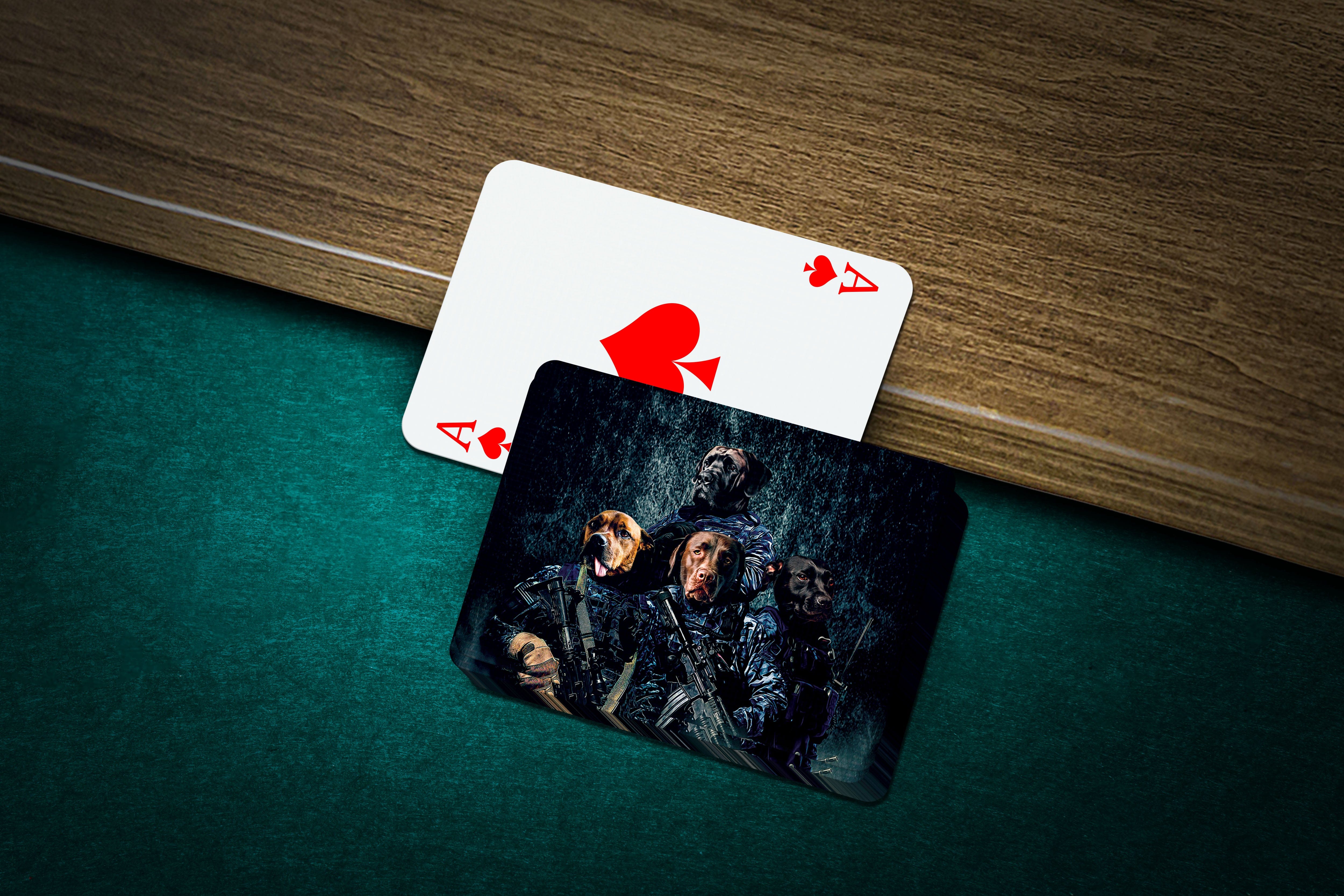Personalized playing cards featuring four pets as Navy veterans on a dark background.