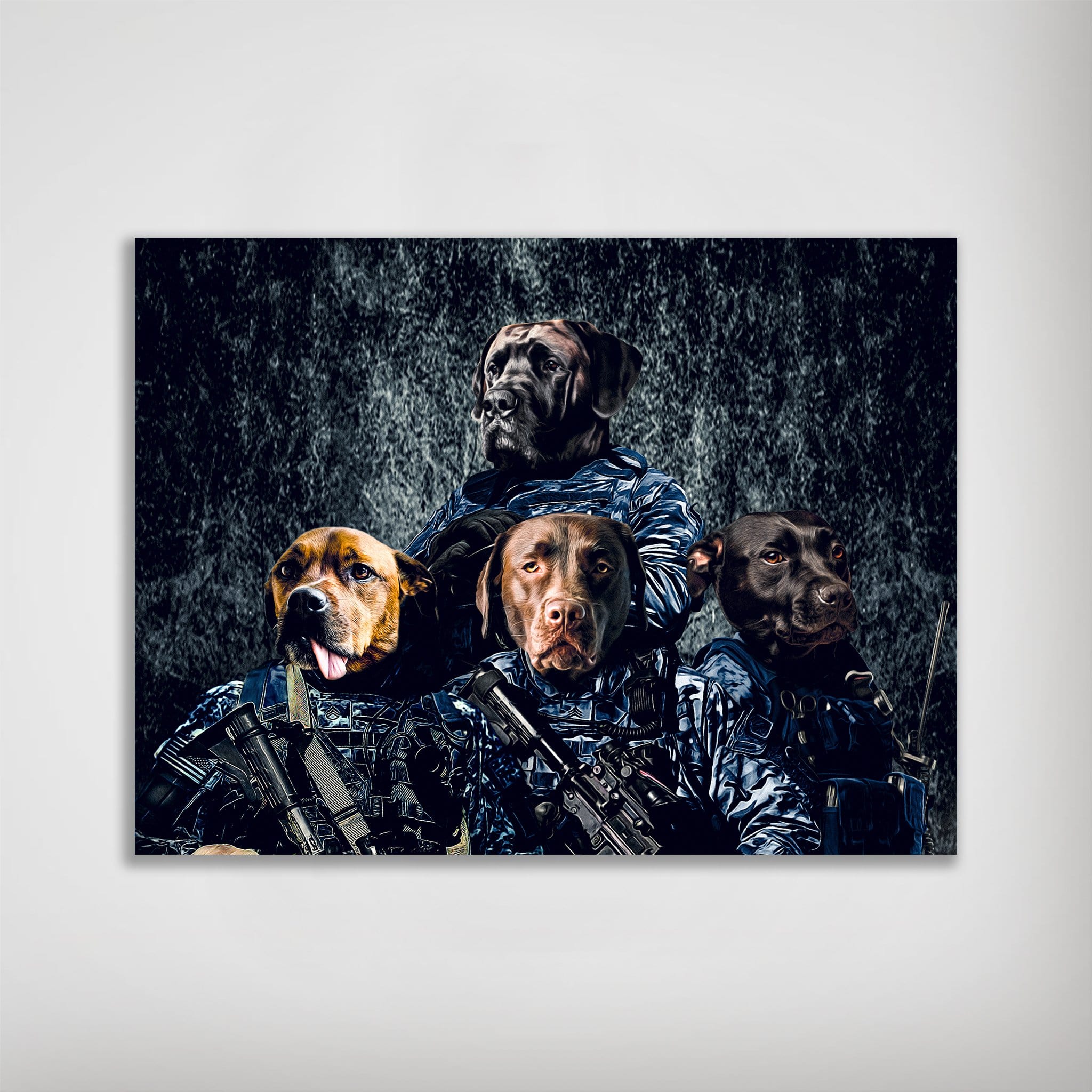 Personalized 'Navy Veterans' poster featuring four dogs in blue camouflage military uniforms.
