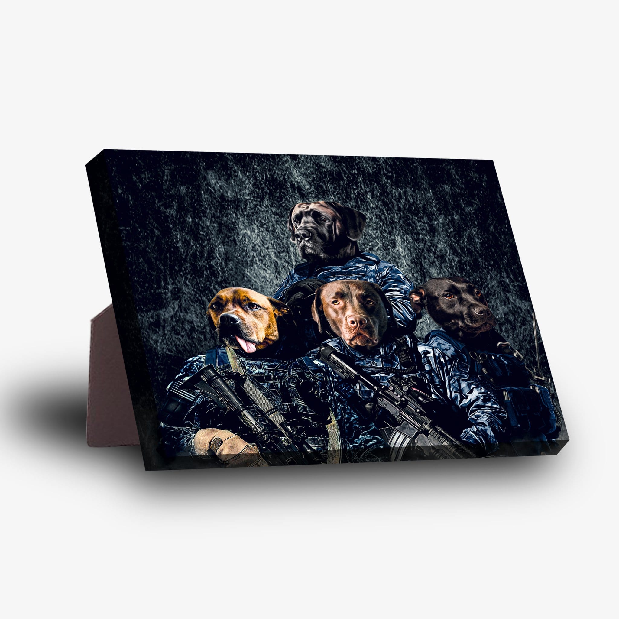 Personalized canvas featuring four dogs in navy veteran uniforms with rifles, on a sturdy stand.