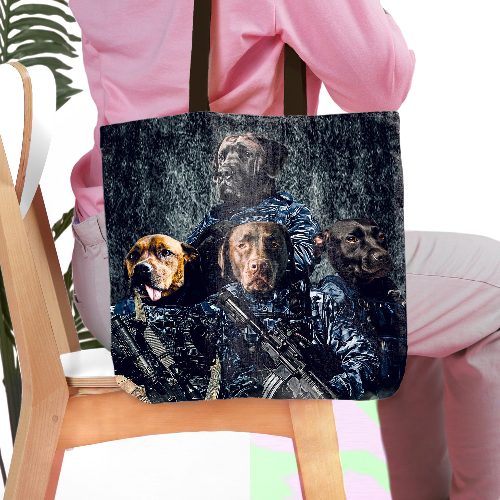 Personalized 'Navy Veterans' tote bag with four custom pet portraits of dogs in military uniforms.