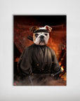 Personalized bulldog pet poster as a ninja in a black kimono with a katana, against a fiery, dark background.