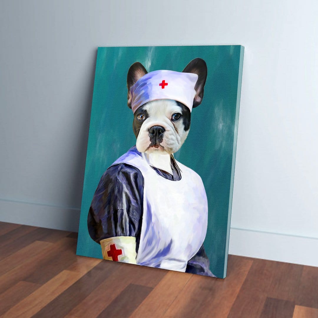 Personalized pet canvas featuring a French Bulldog dressed as a nurse in a white uniform and cap.
