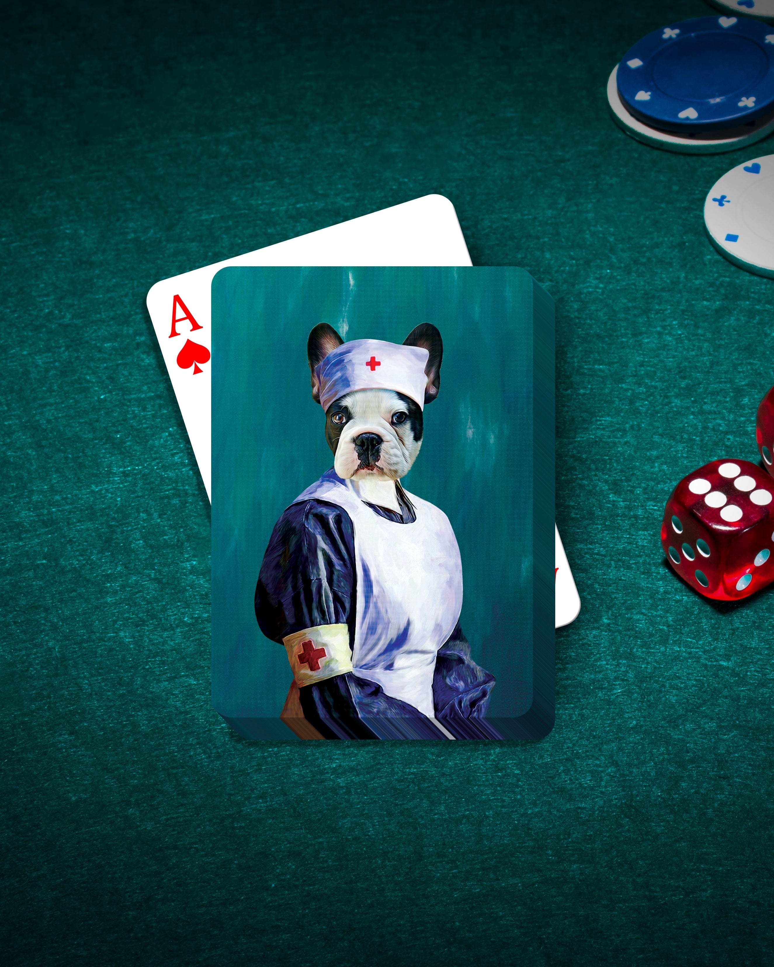 Personalized playing card featuring a French Bulldog in a nurse uniform, on a green poker table with chips and dice.