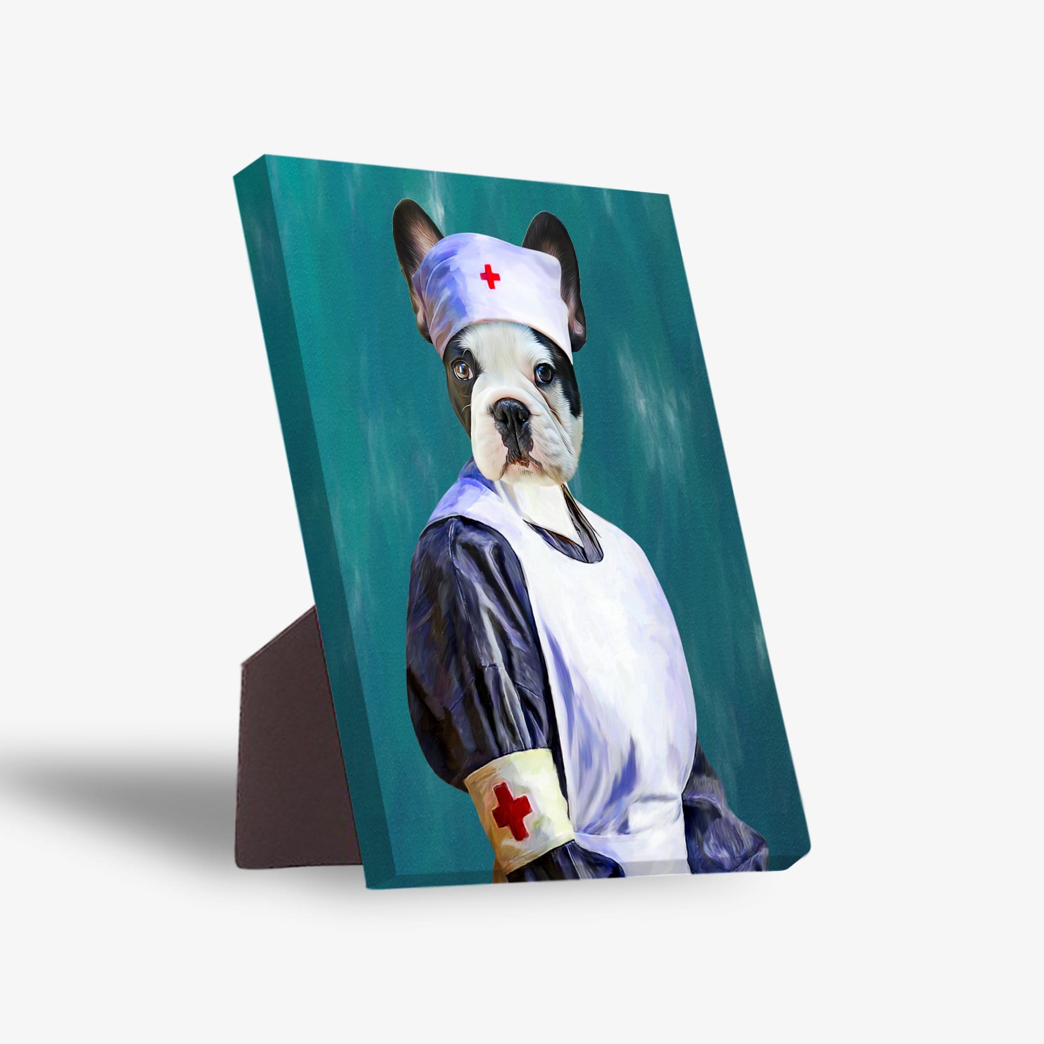 Personalized pet standing canvas featuring a Boston Terrier in a white nurse uniform with red crosses, on a teal background.