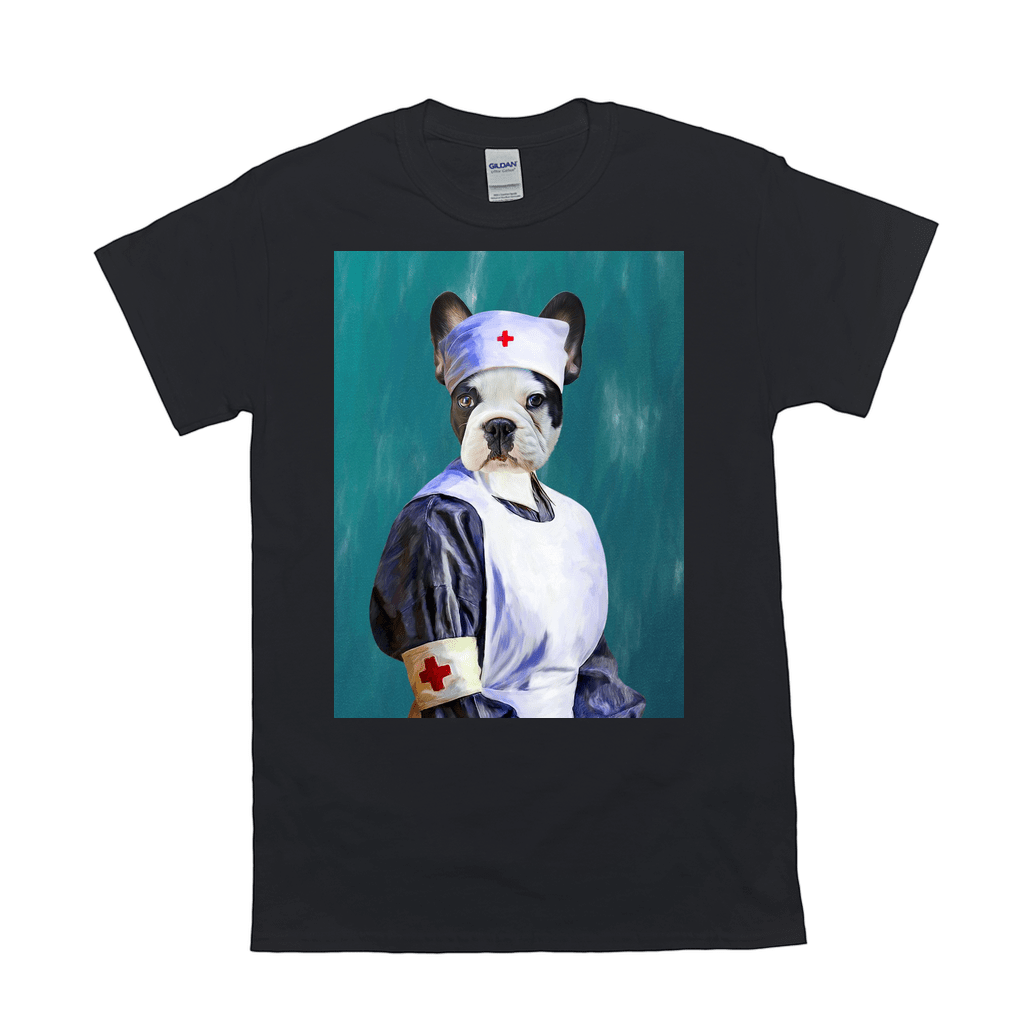 Black Gildan cotton t-shirt featuring a personalized French Bulldog portrait dressed as a nurse with a white apron.