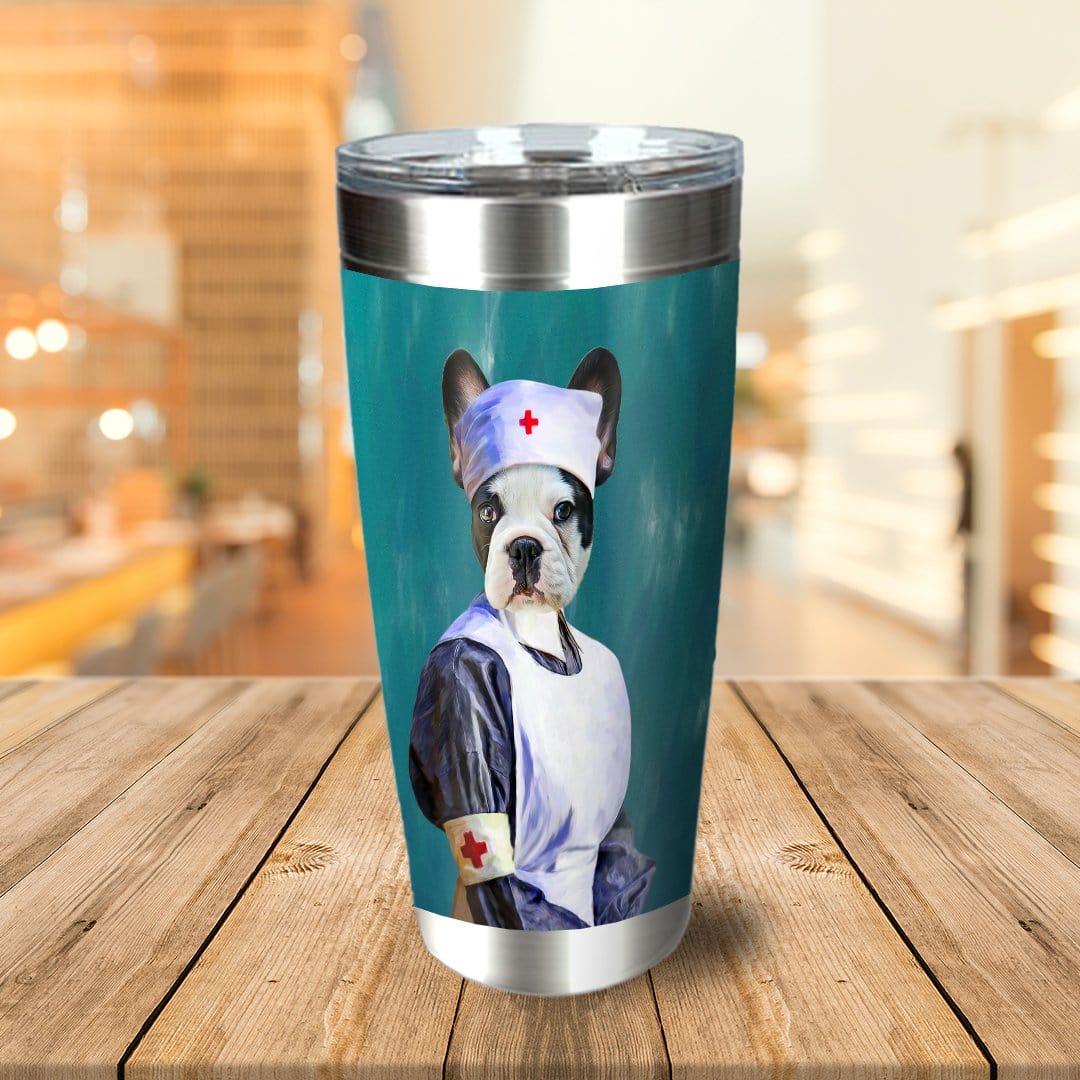 Personalized stainless steel tumbler with a French Bulldog pet portrait in a nurse uniform.