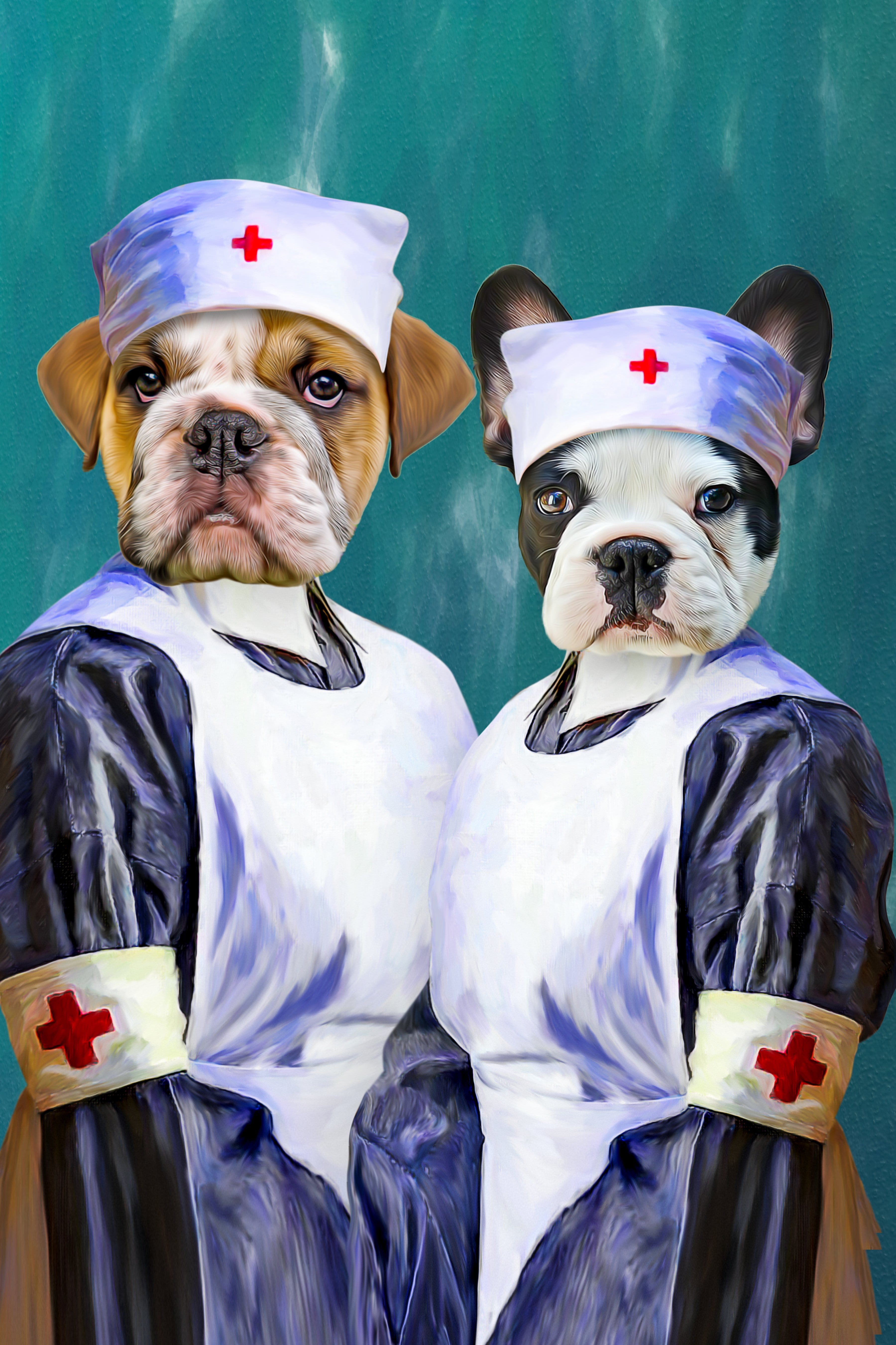 Custom digital portrait of two dogs dressed as nurses in white and blue uniforms.