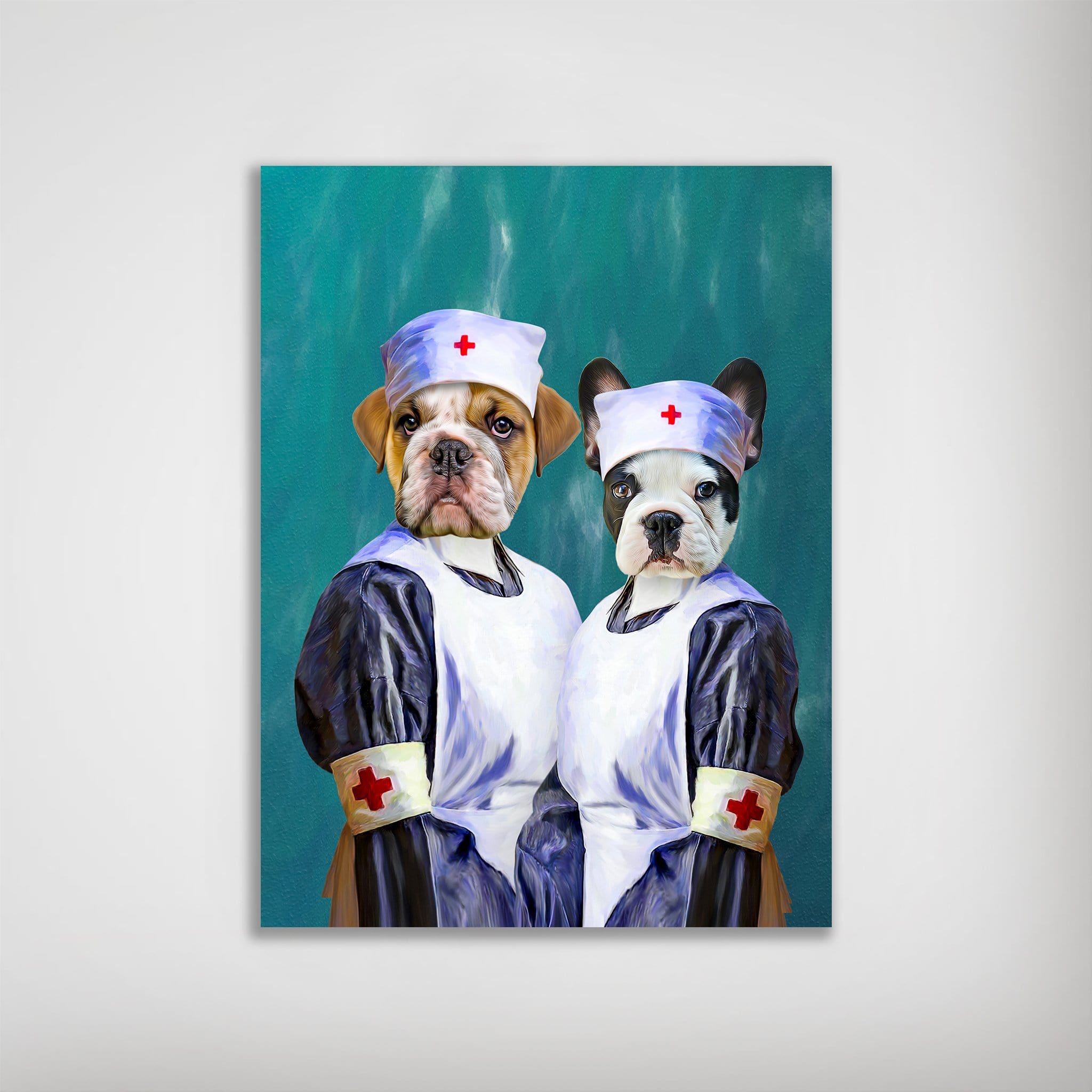 Personalized 'The Nurses' poster featuring two pets dressed as nurses in vintage blue and white uniforms.