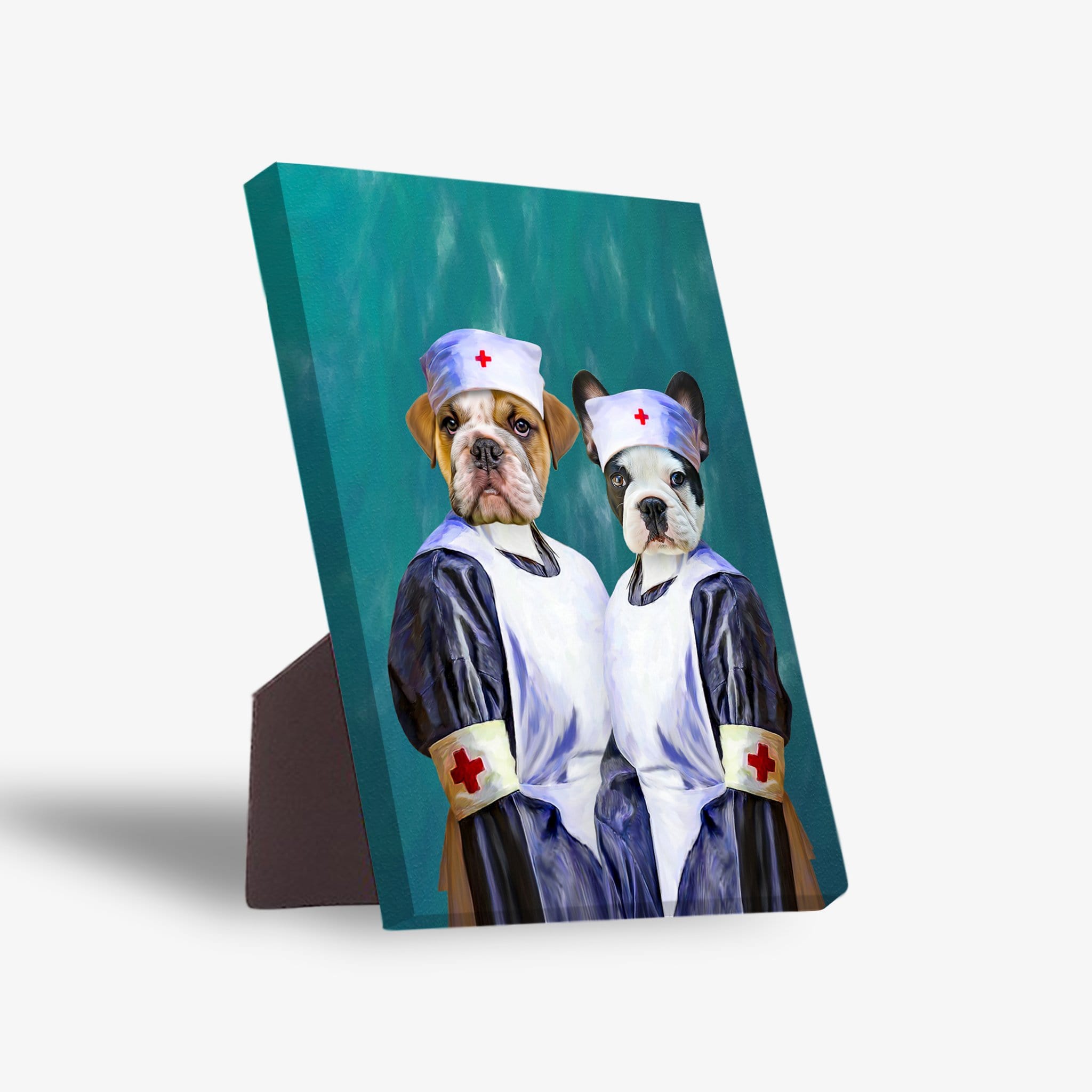 Personalized canvas with two pets dressed as nurses, a bulldog and a French bulldog, on a teal background.