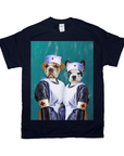 Navy Gildan t-shirt featuring a custom print of two dogs dressed as nurses with hats and scrubs.