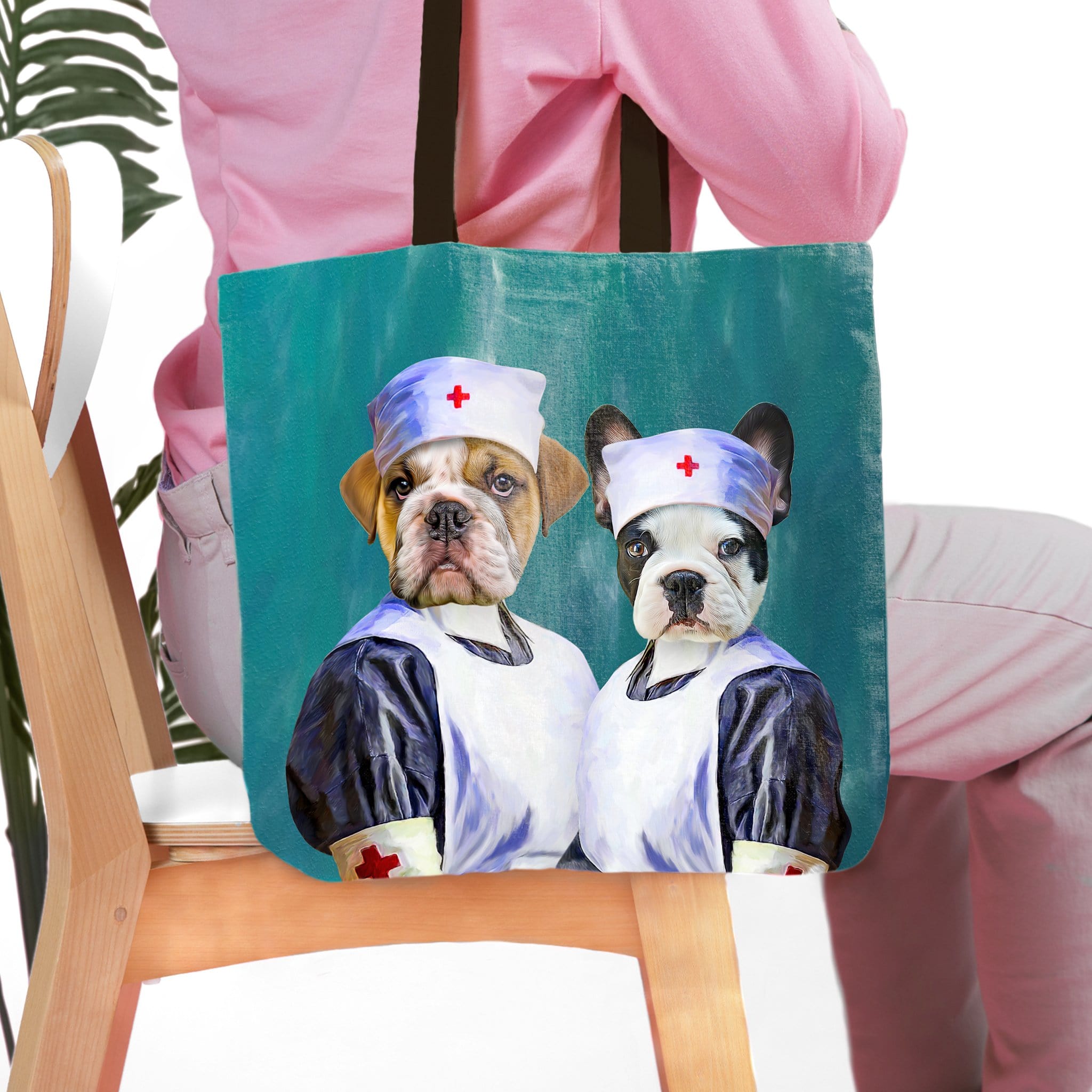 Personalized 2-pet tote bag featuring a bulldog and French bulldog in nurse uniforms.