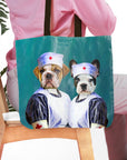 Personalized 2-pet tote bag featuring a bulldog and French bulldog in nurse uniforms.