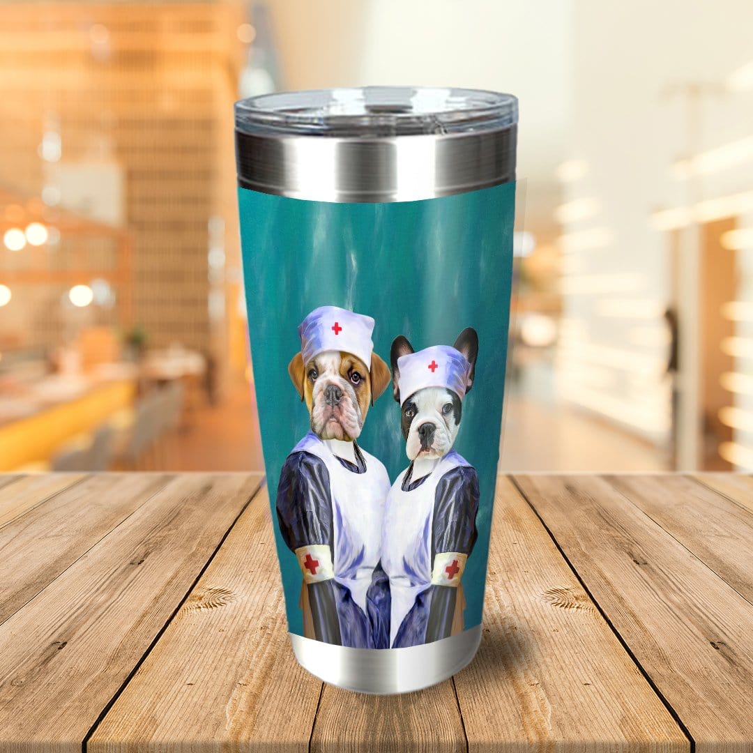 Personalized stainless steel tumbler with two pet dog portraits dressed as nurses.