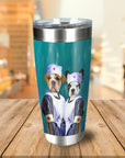 Personalized stainless steel tumbler with two pet dog portraits dressed as nurses.