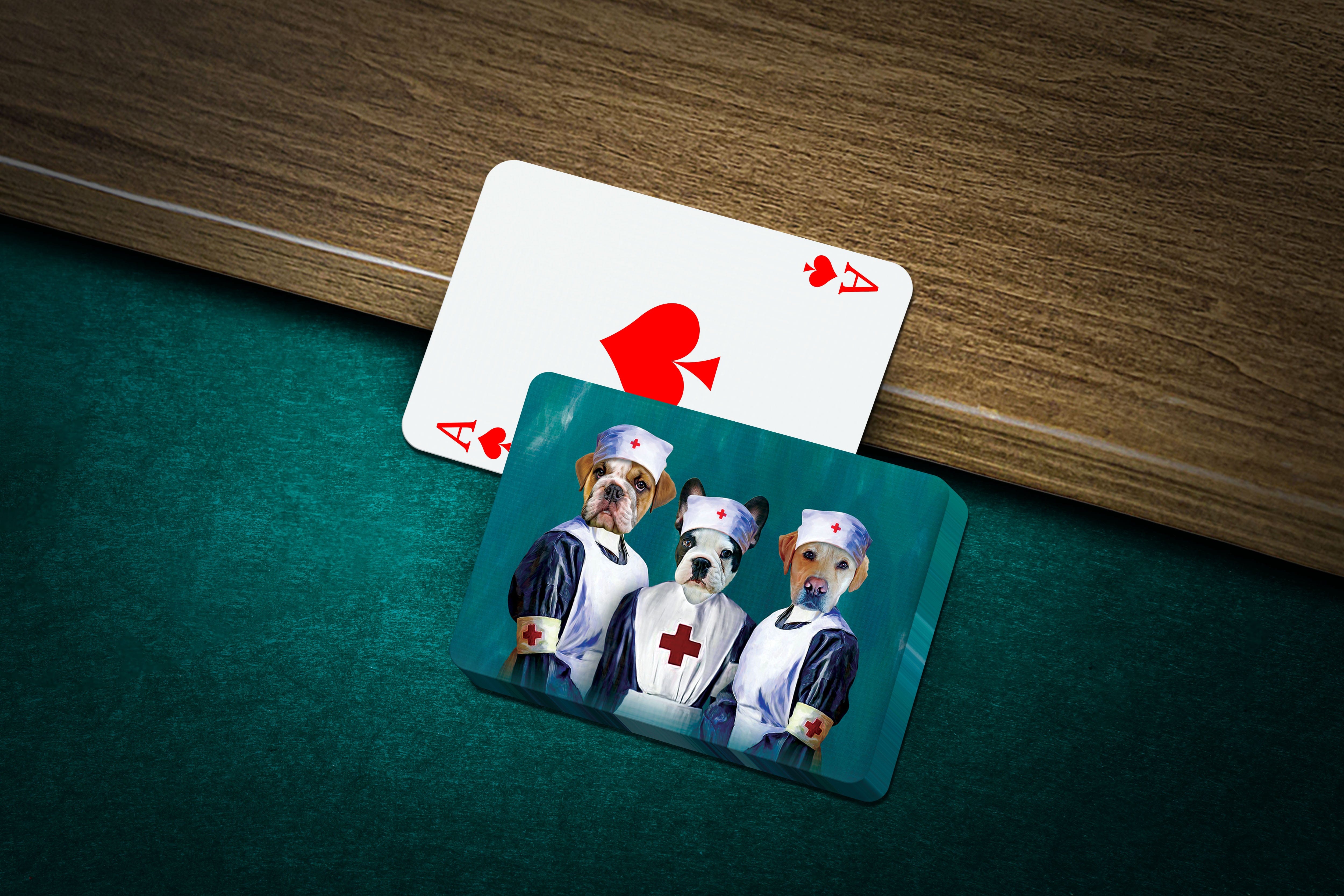 Custom personalized playing cards featuring three pets dressed as nurses.