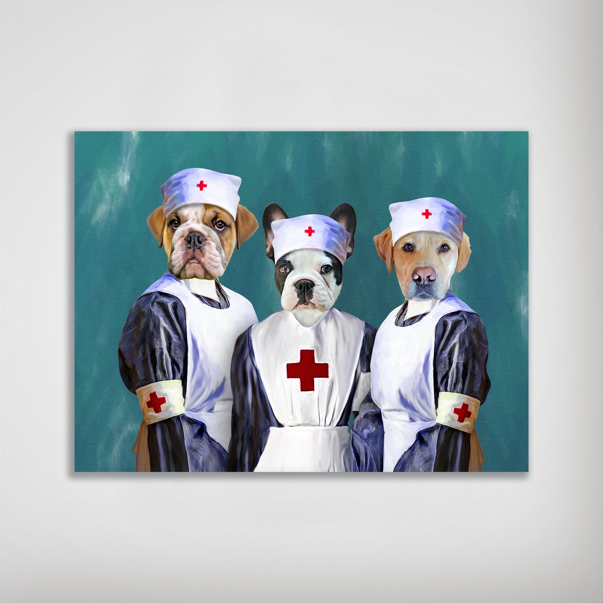 Personalized 3-pet poster featuring dogs dressed as nurses in white and blue uniforms on a teal background.
