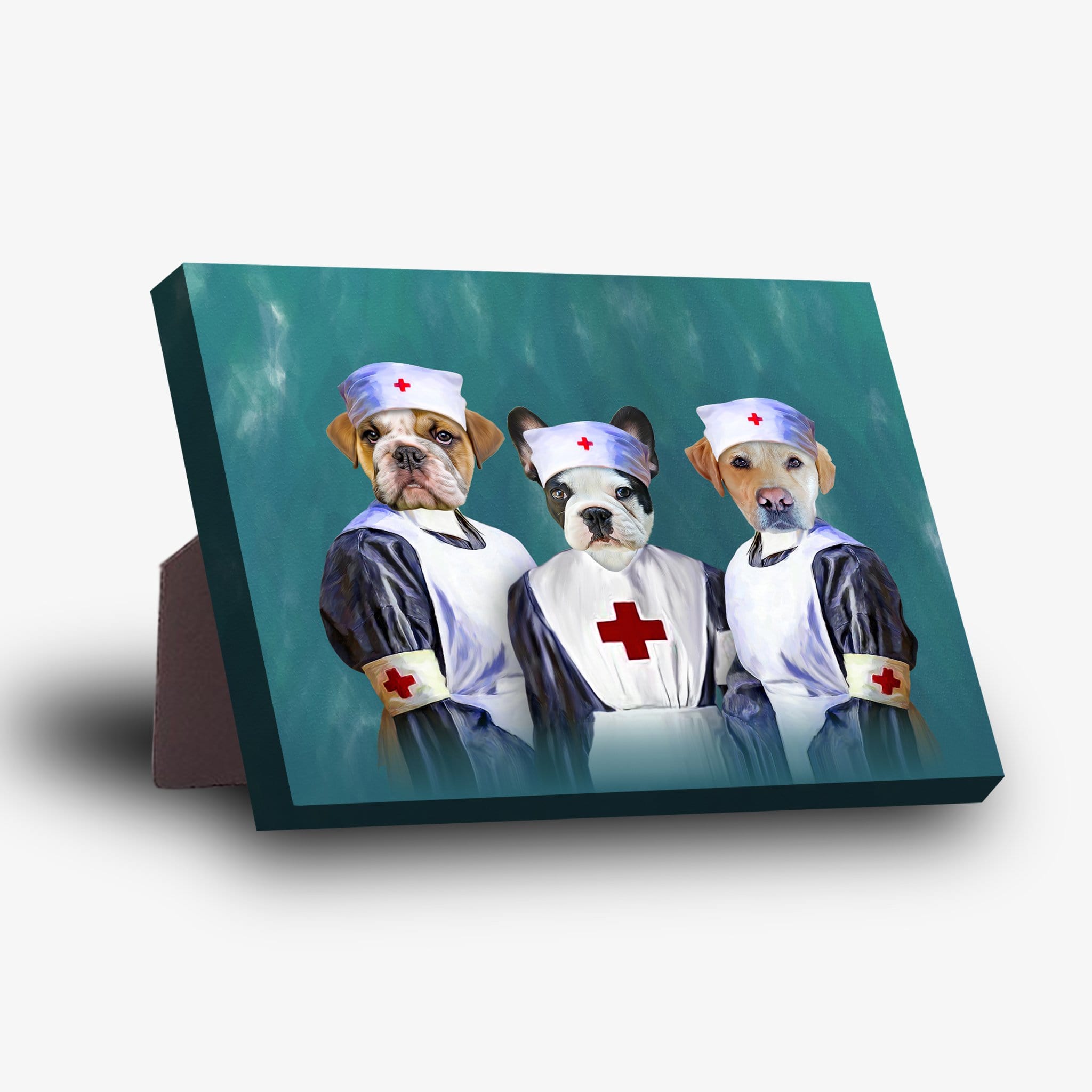 Personalized 3 pet standing canvas featuring dogs dressed as nurses on a teal background.
