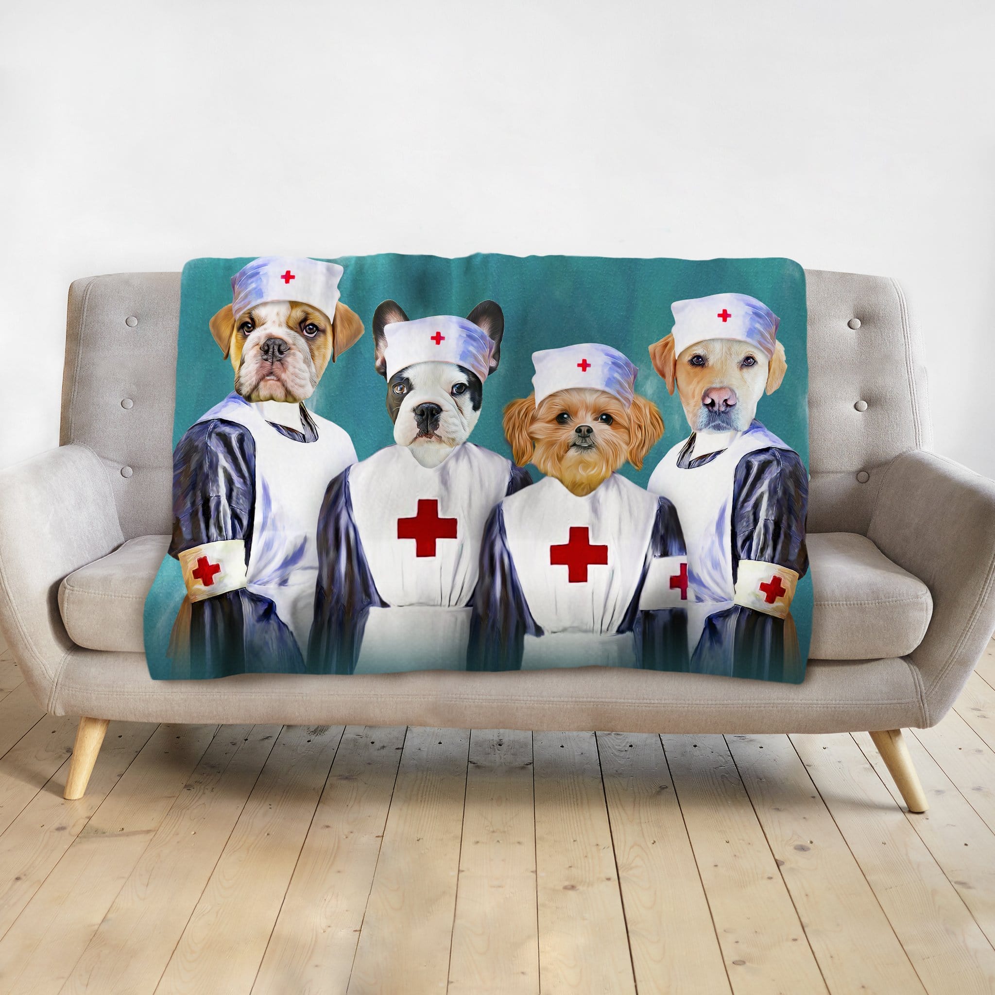Custom personalized blanket with four pets in nurse uniforms.