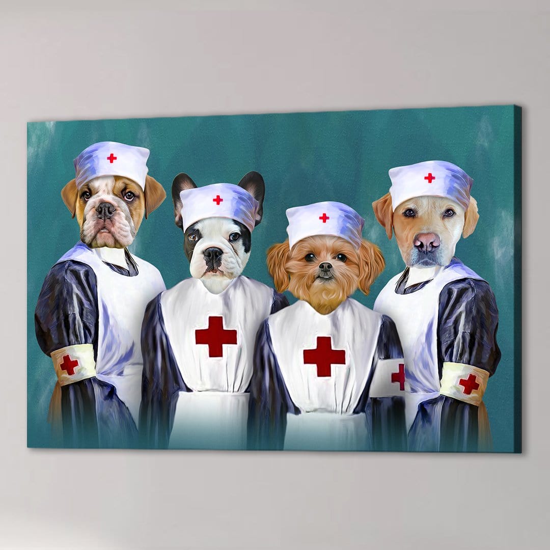 Four personalized pet portraits on canvas, depicting dogs dressed as nurses in white and navy uniforms.