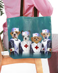 Personalized teal tote bag with four custom pet portraits dressed as nurses.