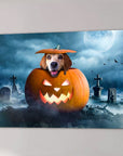 Personalized 'Pawmpkin' pet canvas featuring a beagle in a carved pumpkin in a spooky graveyard.