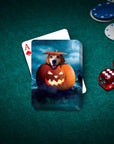 Personalized pet playing cards featuring a dog in a Halloween pumpkin costume.