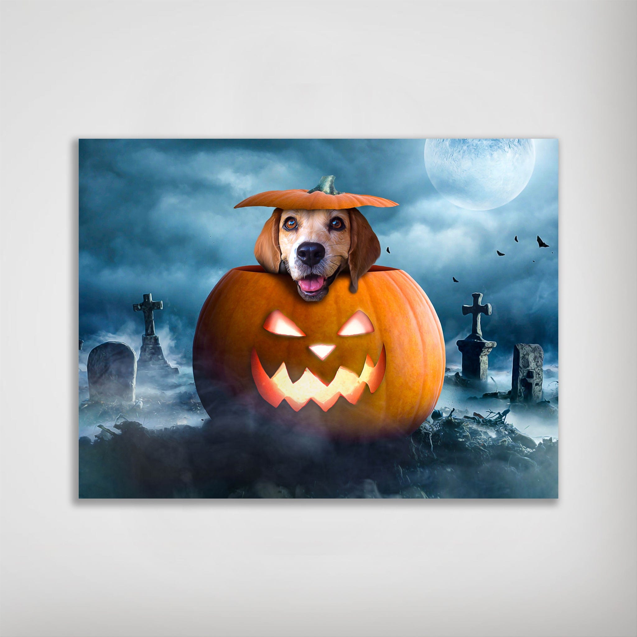 Personalized "Pawmpkin" pet poster featuring a happy dog in a glowing Halloween pumpkin in a spooky graveyard.