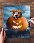 Personalized pet puzzle featuring a dog in a pumpkin, with hands assembling pieces.