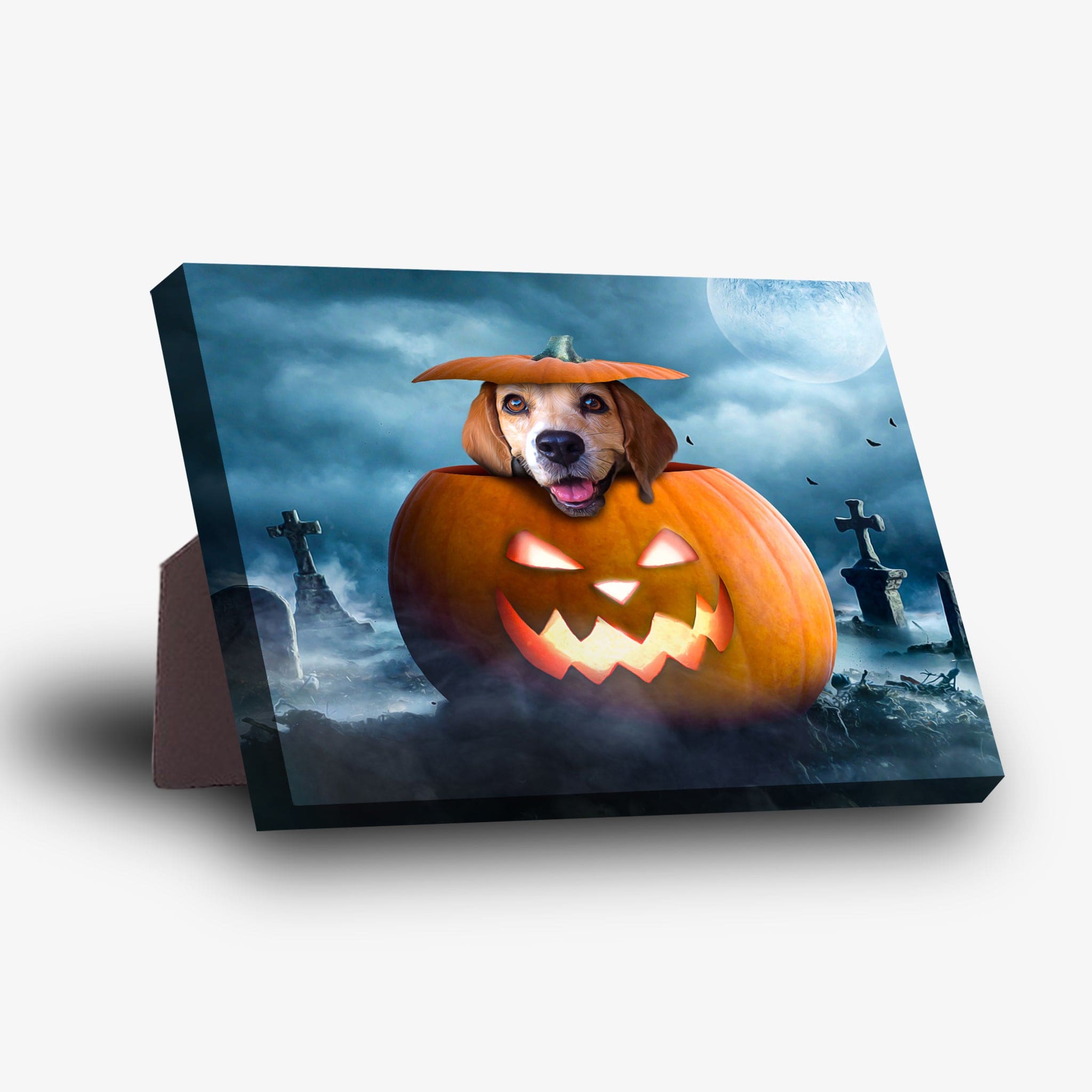 Personalized pet standing canvas featuring a beagle in a carved pumpkin, set against a spooky graveyard under a full moon.