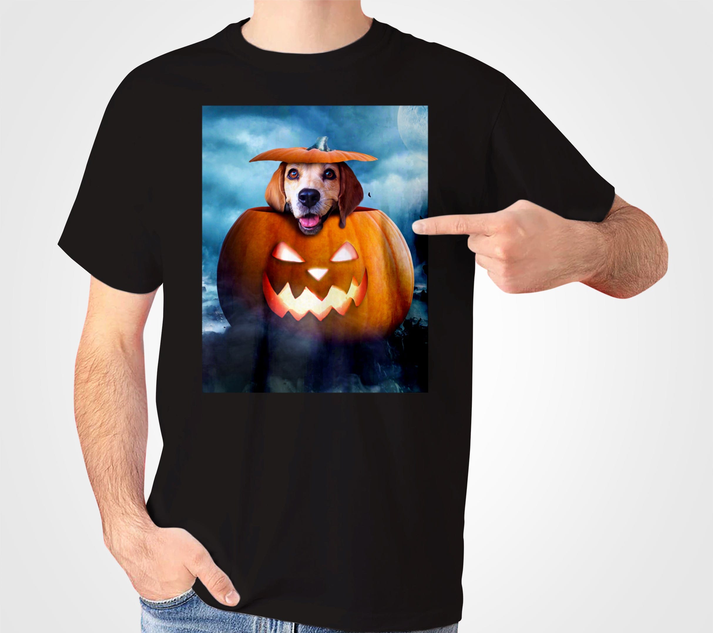 Black Gildan t-shirt with a personalized graphic of a beagle in a carved pumpkin.