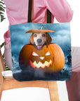 Personalized Pawmpkin Halloween tote bag with a custom dog portrait inside a jack-o'-lantern.