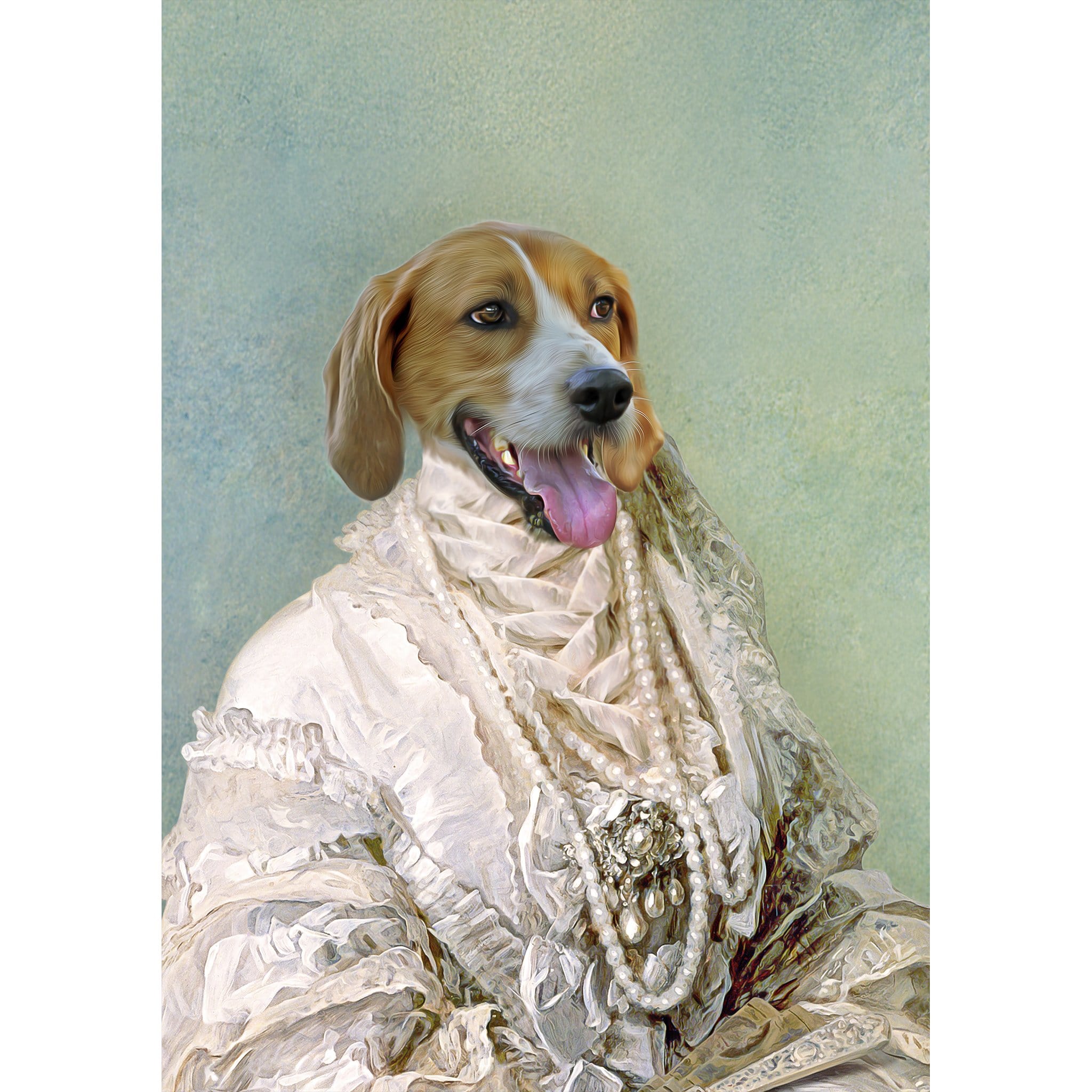 Custom digital portrait of a dog in a renaissance-style pearled dame gown.