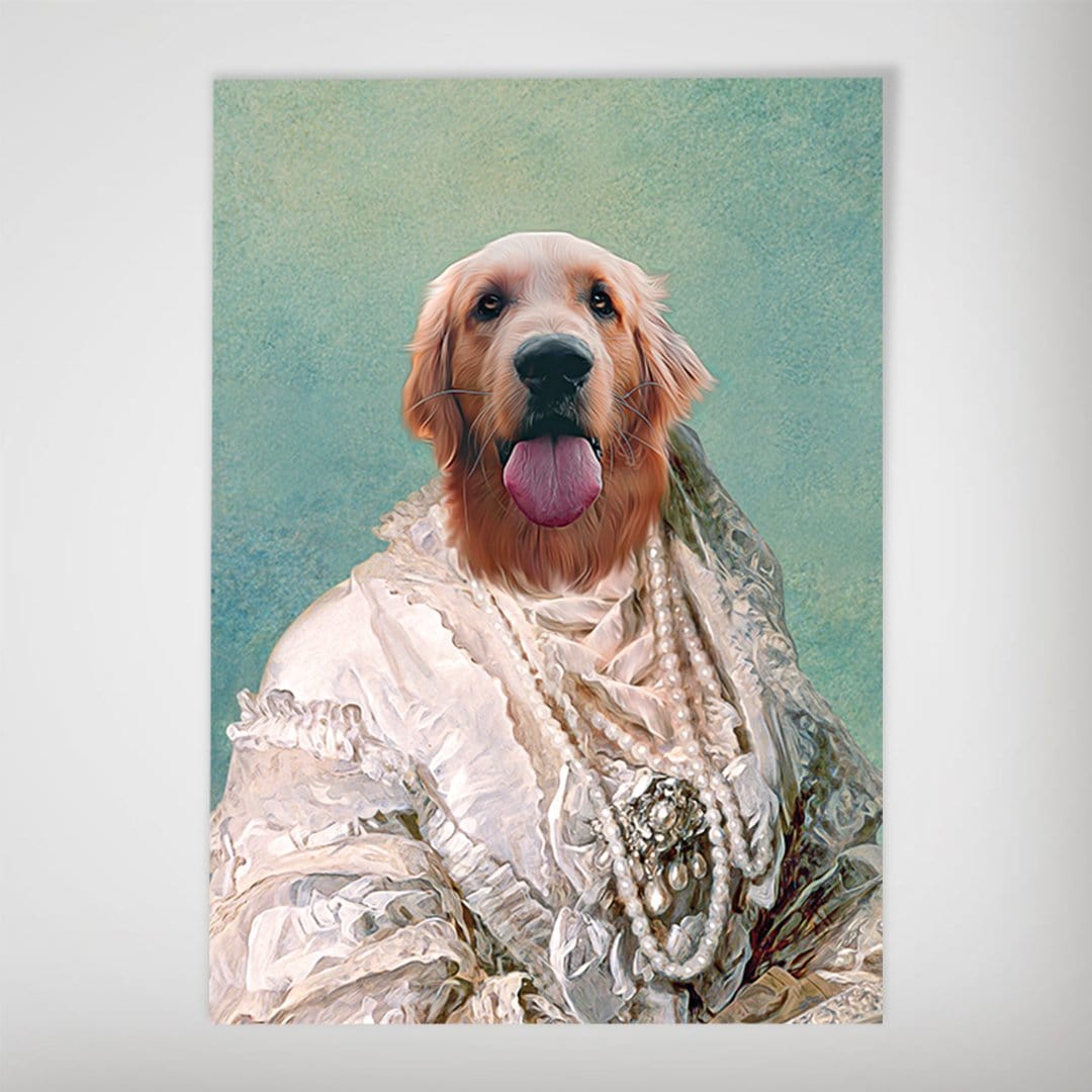 Personalized "The Pearled Dame" dog poster featuring a golden retriever in a white Victorian dress with pearls.