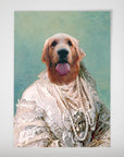 Personalized "The Pearled Dame" dog poster featuring a golden retriever in a white Victorian dress with pearls.