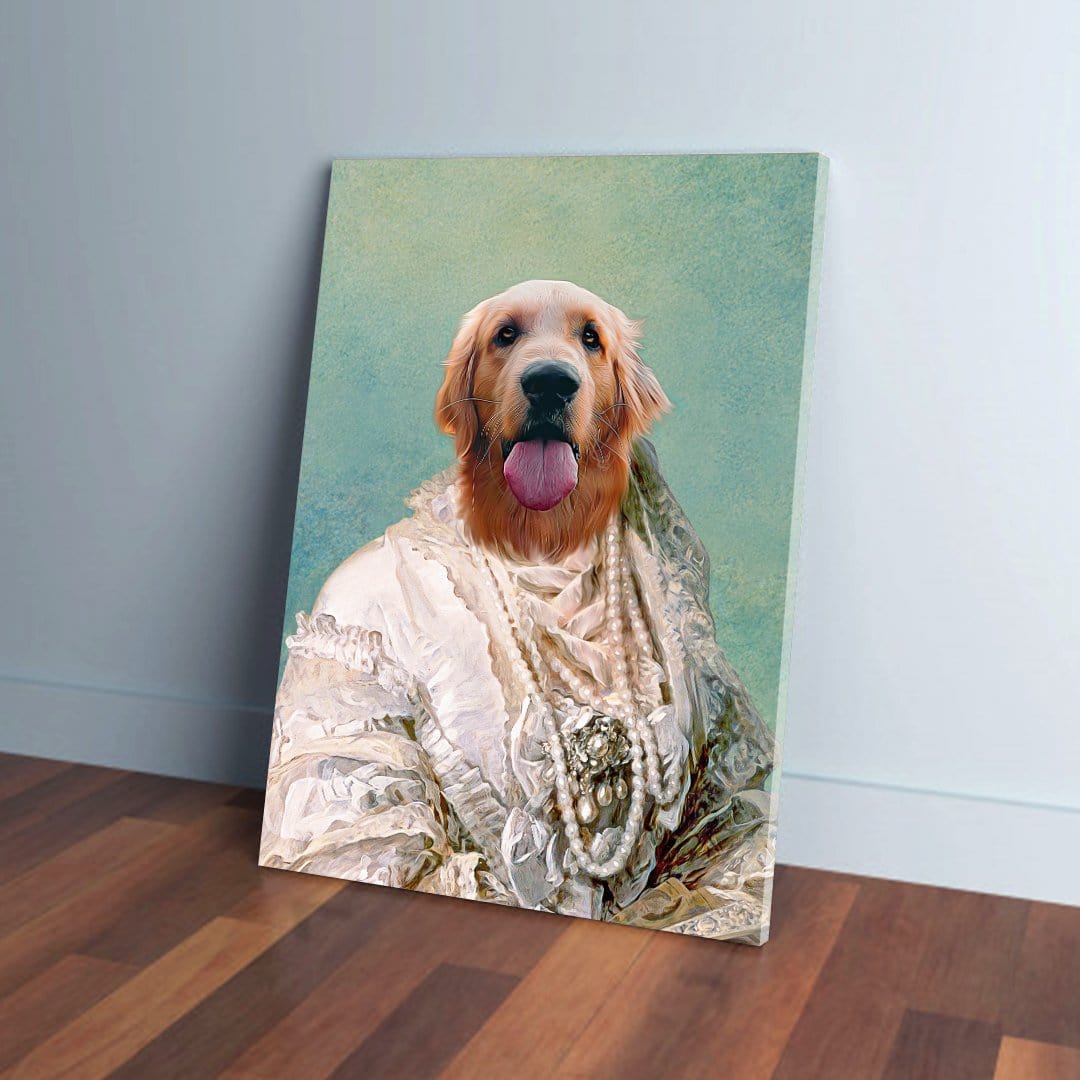 Personalized Golden Retriever pet canvas, "The Pearled Dame" portrait, in a white lace dress with pearls.