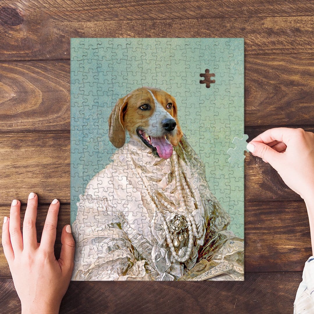 Personalized pet puzzle featuring a dog in a renaissance-style pearl gown, with hands assembling it.
