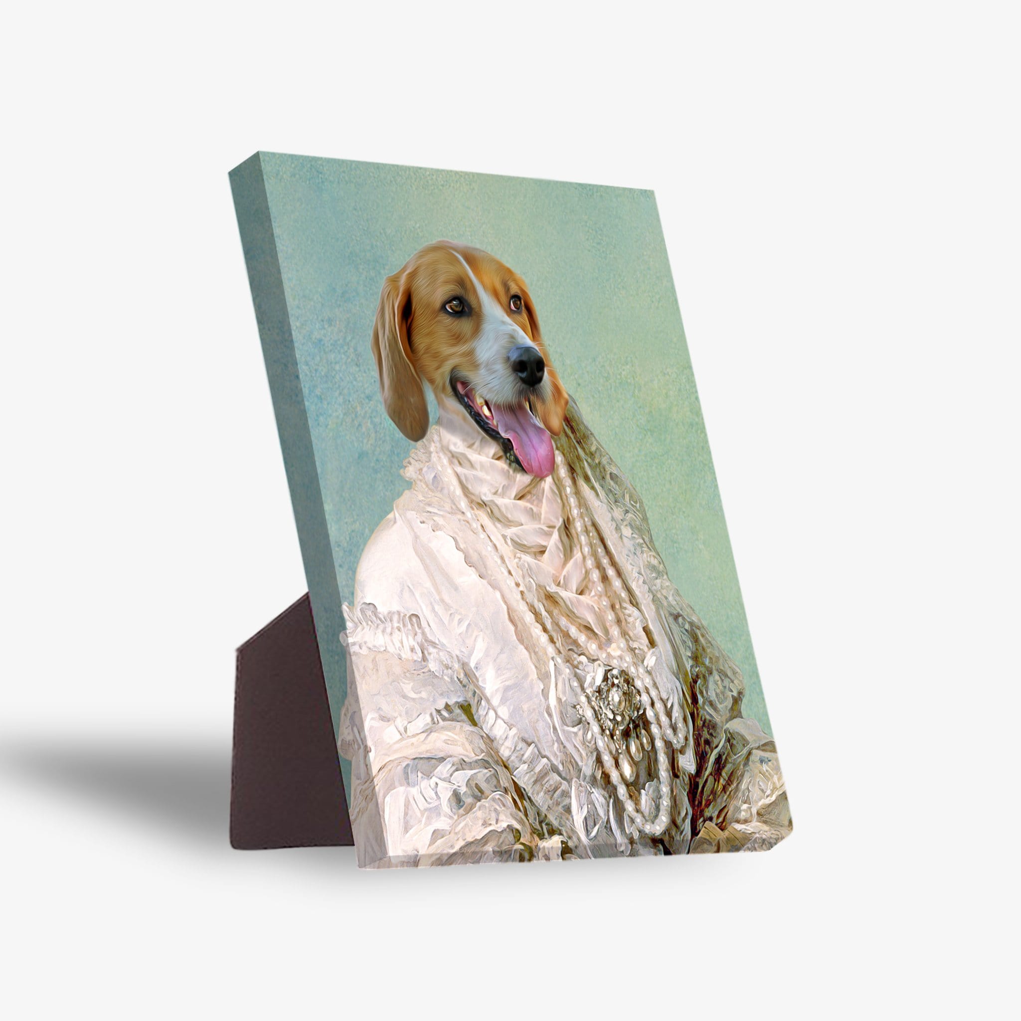 Personalized pet portrait canvas featuring a beagle in a white pearled dame gown with a sturdy stand.