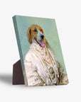 Personalized pet portrait canvas featuring a beagle in a white pearled dame gown with a sturdy stand.