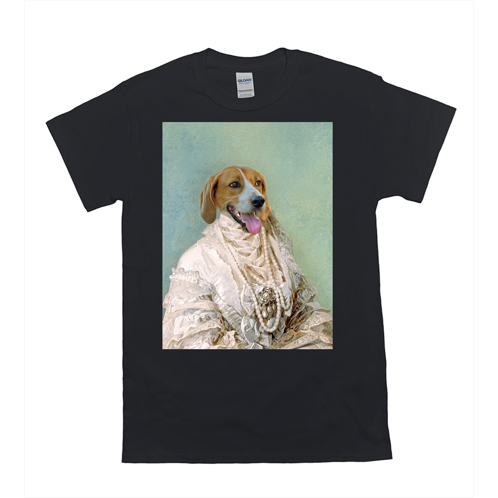 Black Gildan t-shirt with a personalized portrait of a beagle dog in a pearled, cream-colored historical gown.