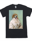 Black Gildan t-shirt with a personalized portrait of a beagle dog in a pearled, cream-colored historical gown.