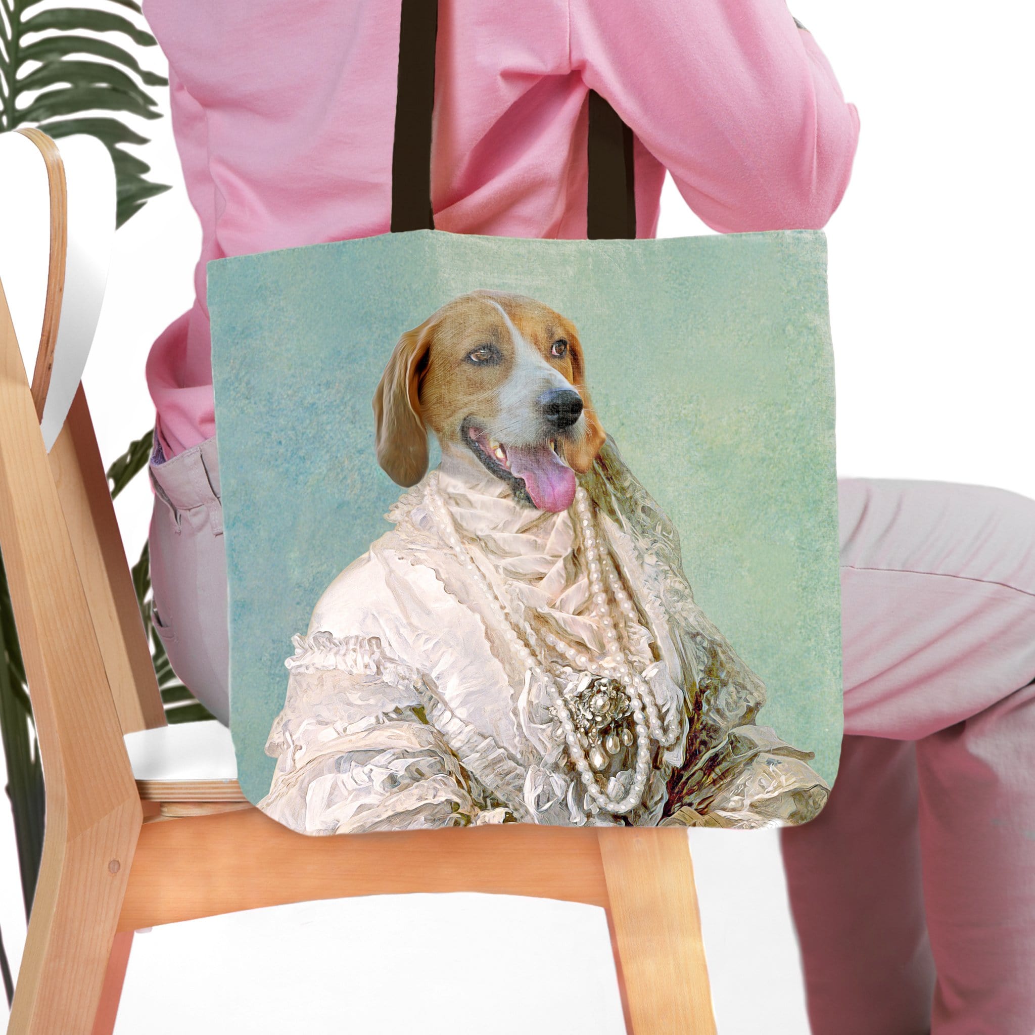 Personalized tote bag with a custom renaissance portrait of a beagle dog in a pearled gown.