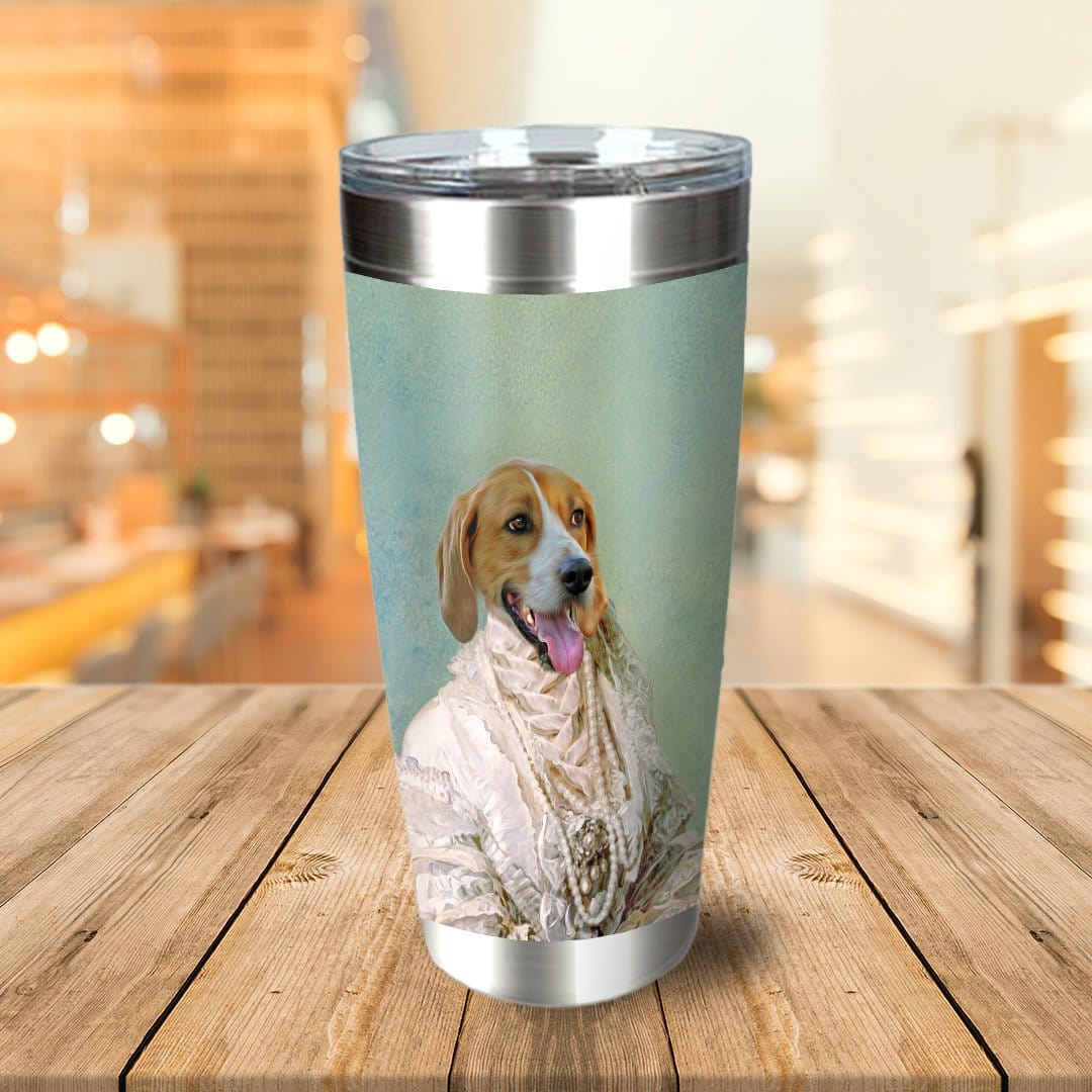 Personalized stainless steel tumbler with a Beagle dog in a Renaissance-style pearl dress portrait.