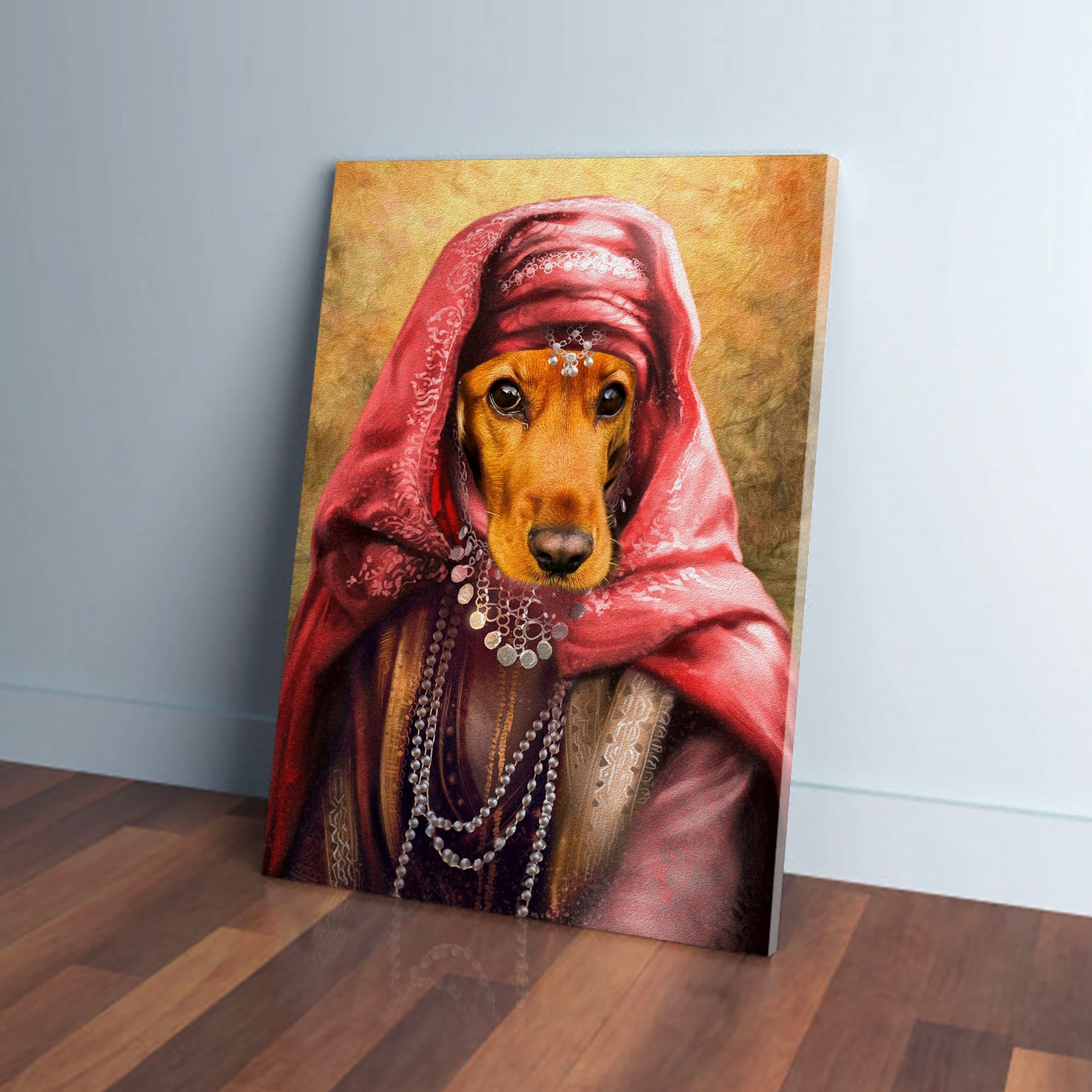 Custom pet canvas: a dachshund's face on a "Persian Princess" portrait with red headscarf and jewelry.