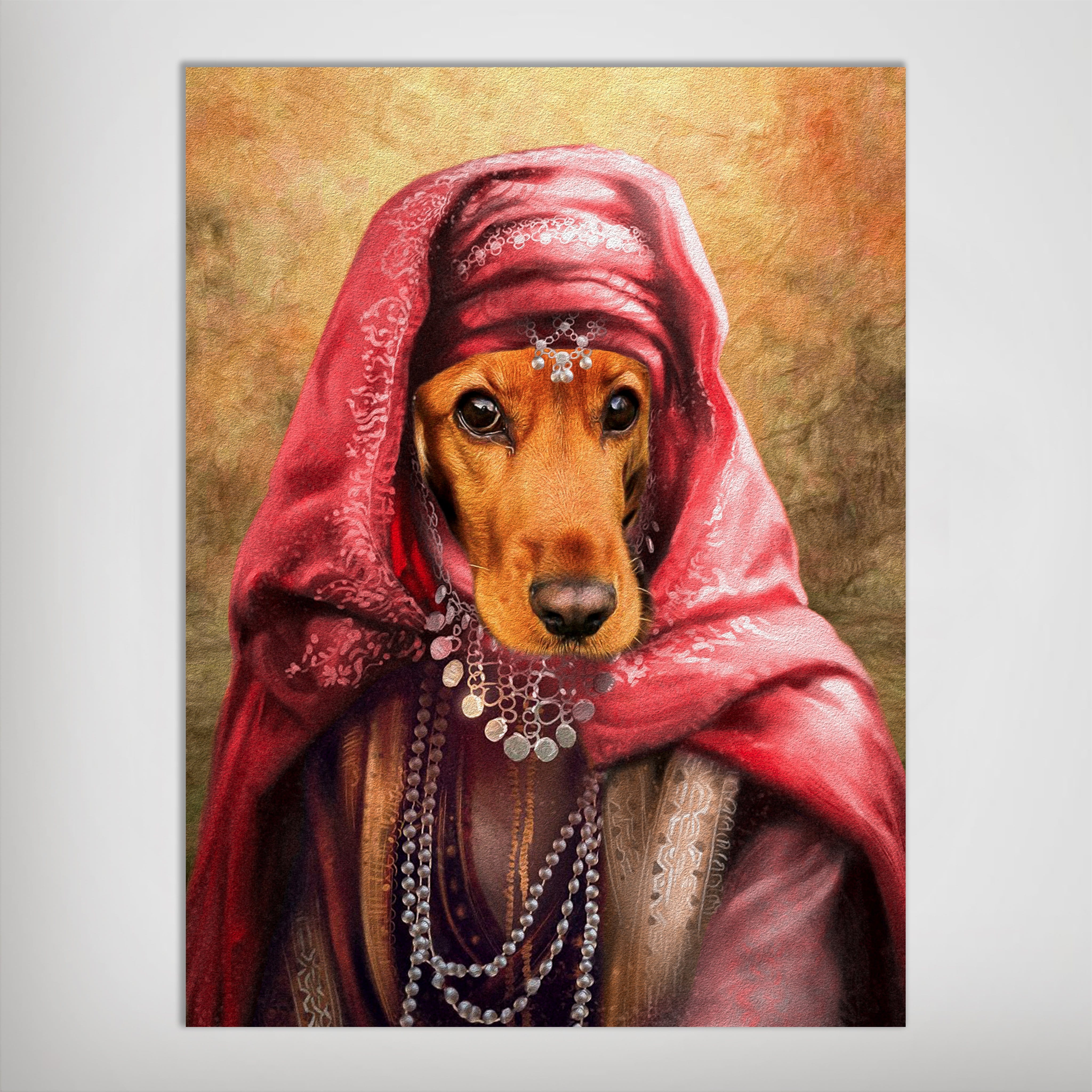 Personalized pet poster featuring a brown dog as a Persian Princess in a red headscarf and ornate jewelry.