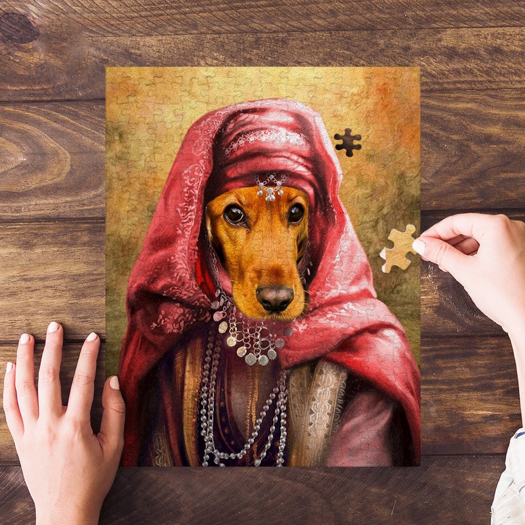 Custom personalized pet puzzle featuring a dog in a renaissance royal Persian Princess portrait style.