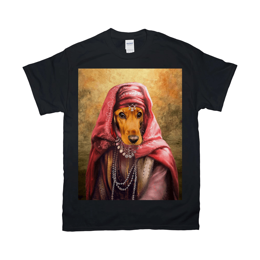 Black Gildan t-shirt featuring a personalized portrait of a dachshund dressed as a Persian princess.