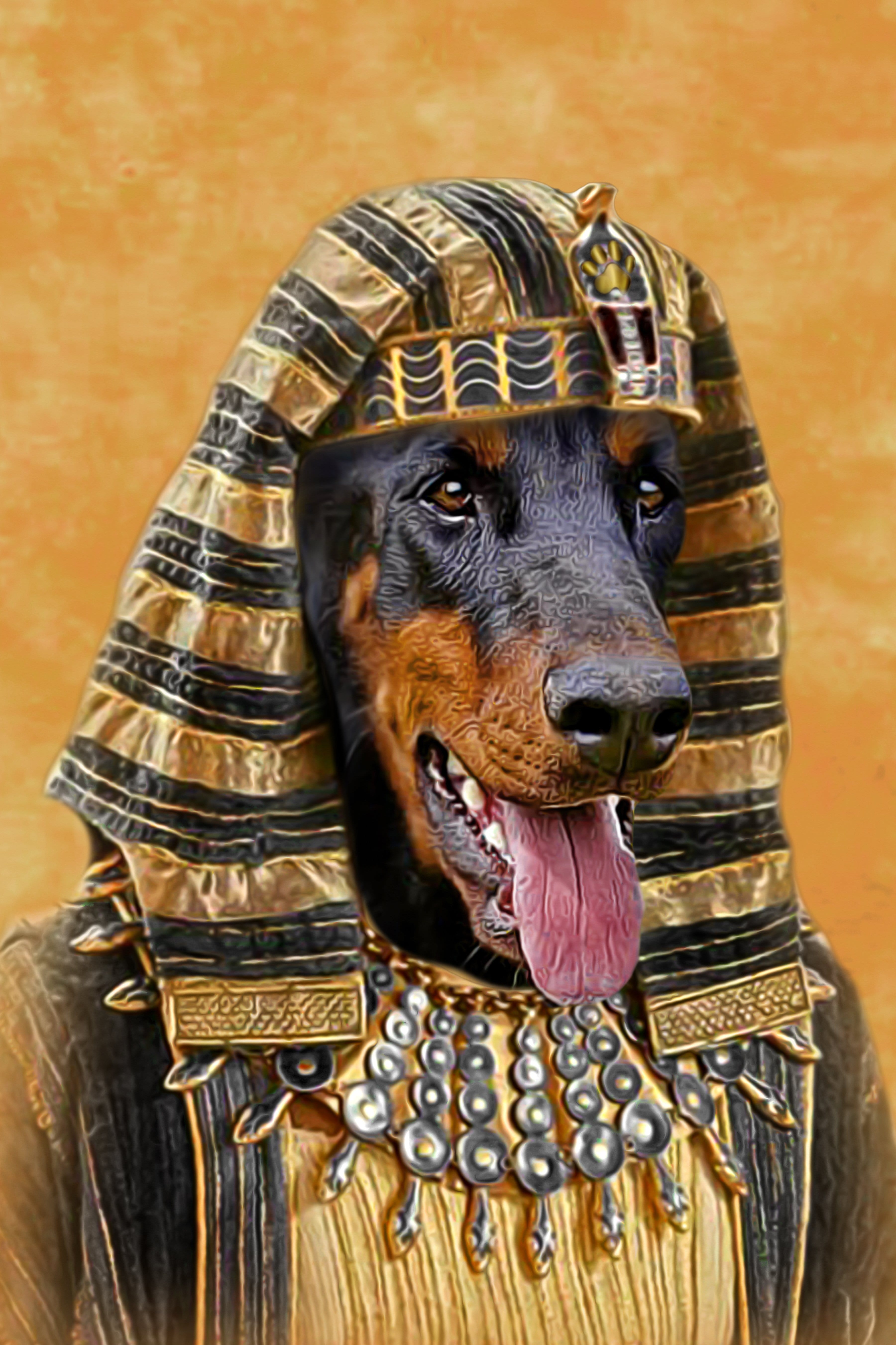 Custom digital portrait of a Doberman dog as a Pharaoh in a gold and black headdress.