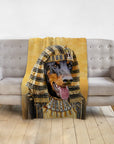 Personalized pet blanket with a Doberman dog in a Pharaoh portrait design on a gray sofa.