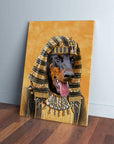 Personalized pet canvas featuring a Doberman in a golden Pharaoh costume, leaning on a wall.