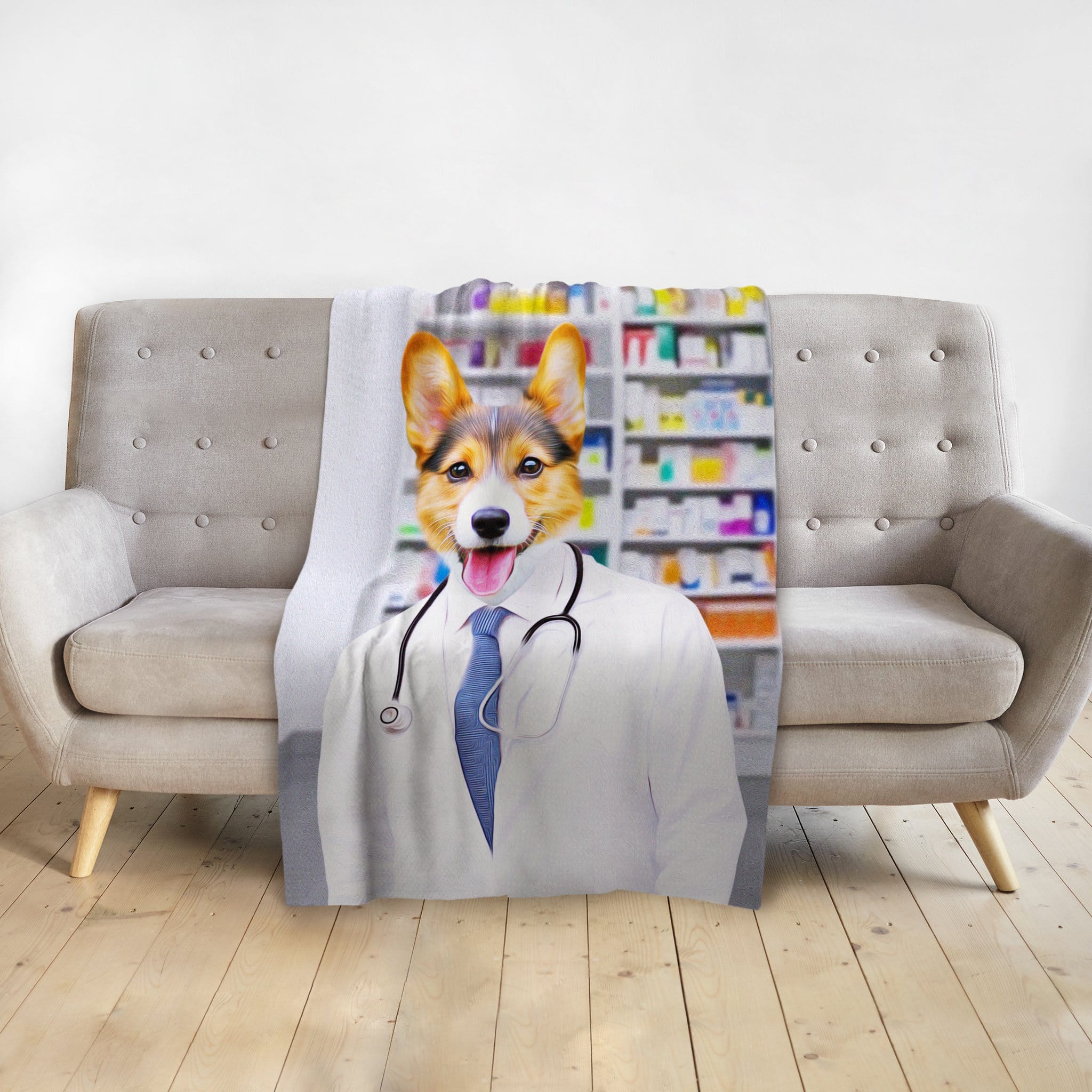 Personalized pet blanket featuring a corgi portrait as 'The Pharmacist' in a white lab coat.
